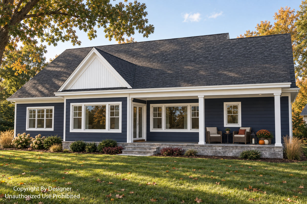 Straight-on rear exterior of Willow Cove showing the dining-room windows, covered porch, white columns and stone steps.
