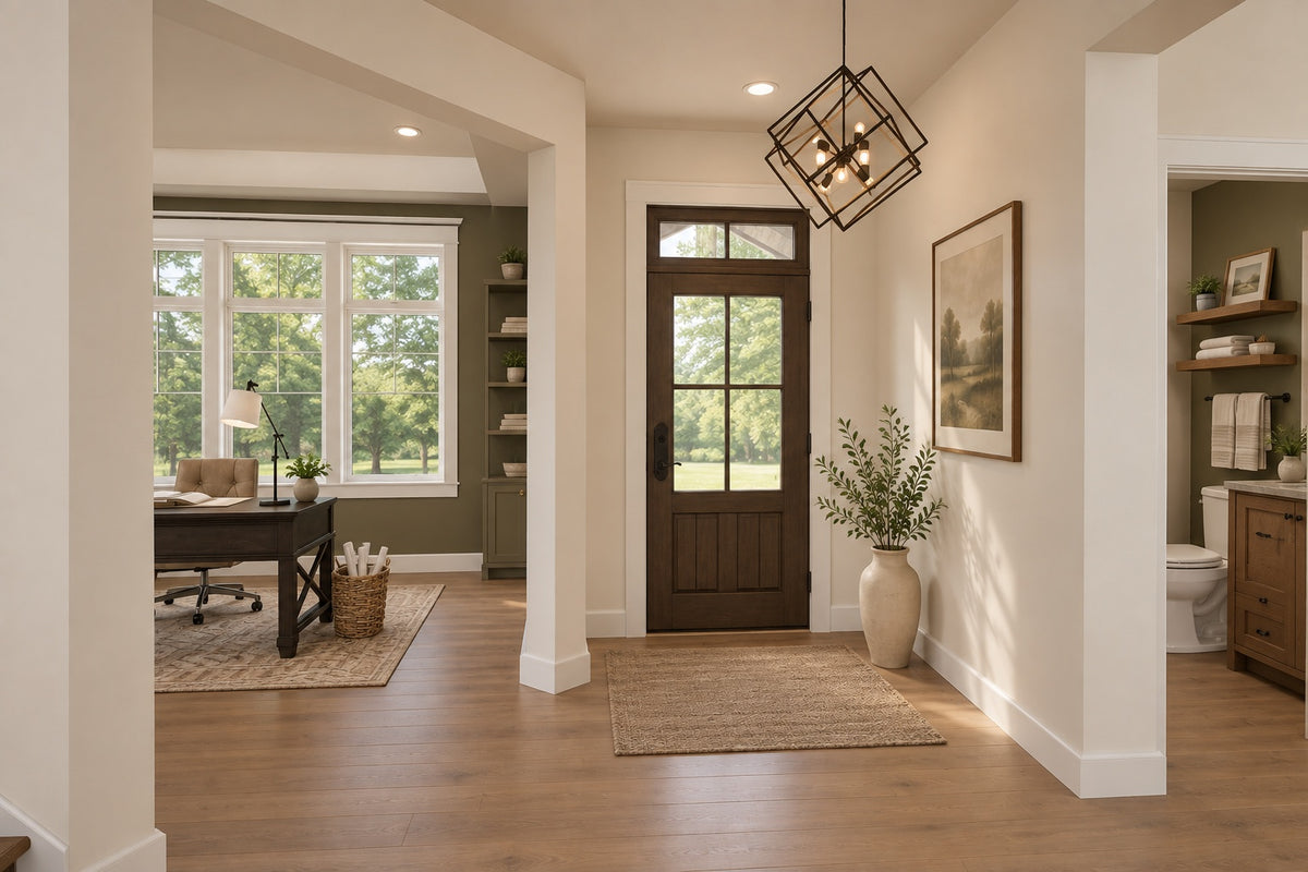 Willow Cove foyer with a wood-and-glass front door, geometric pendant light and an open doorway to the home office.