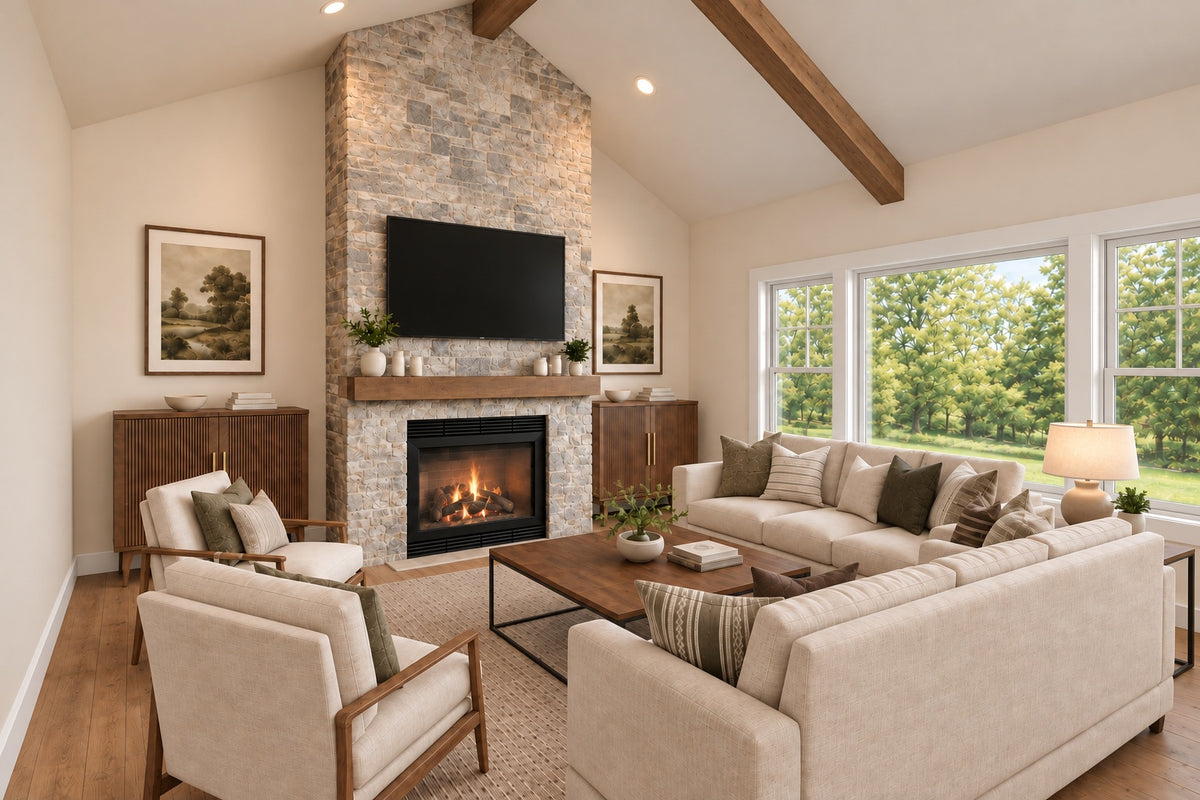 Willow Cove great room with a stone fireplace, cream sofas, wood armchairs and large windows beneath exposed ceiling beams.