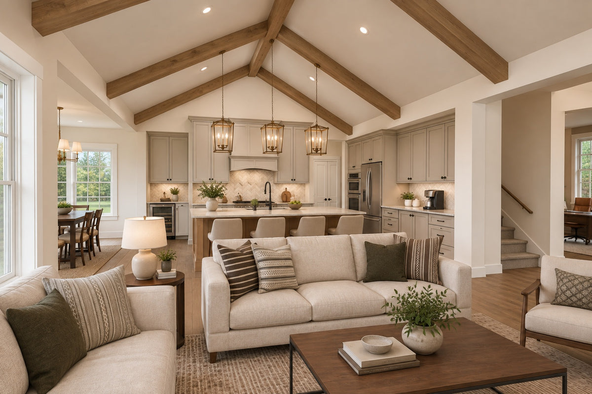 Willow Cove great room looking past cream sofas toward the kitchen island and lantern pendant lights beneath a vaulted wood-beam ceiling.