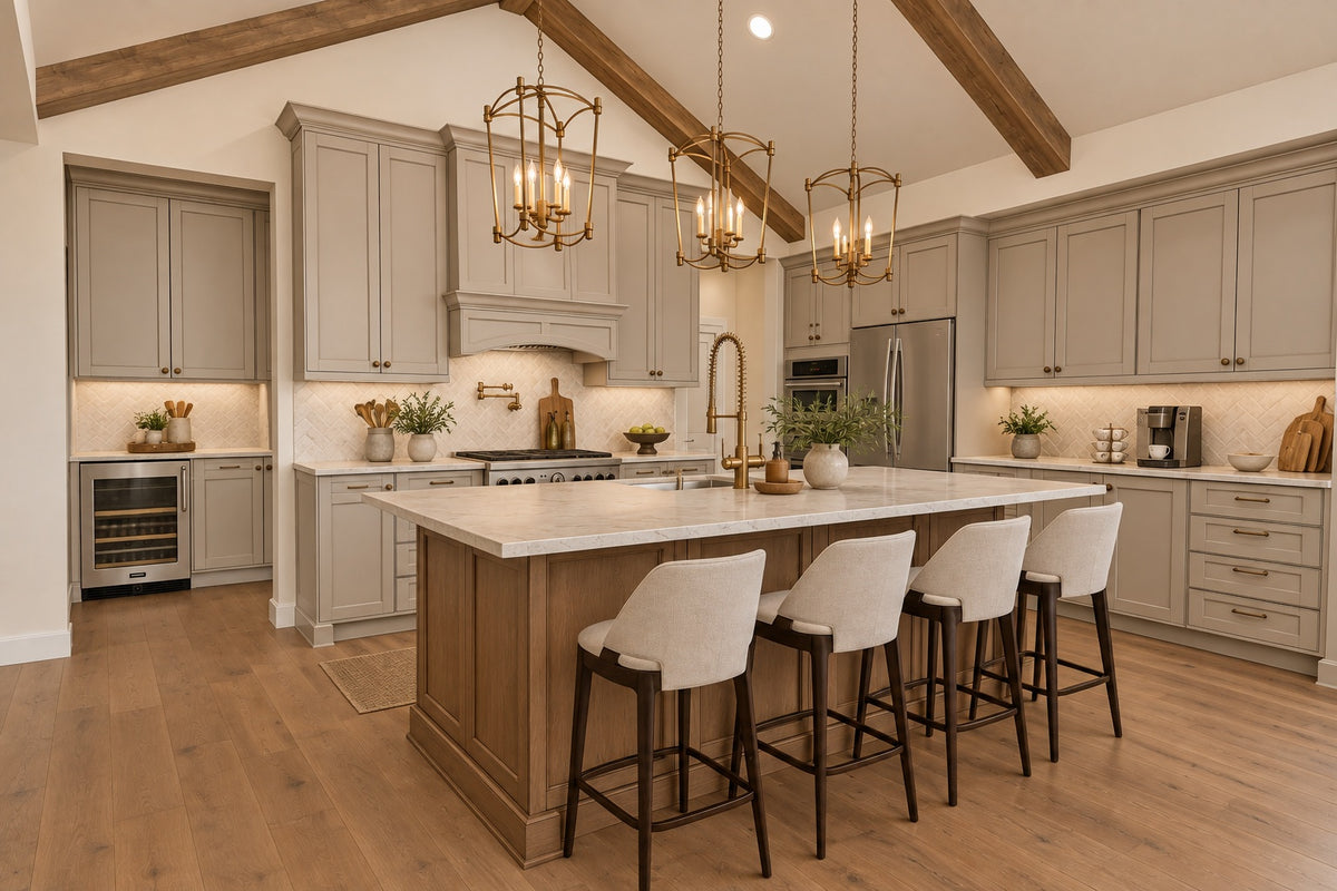 Willow Cove kitchen with a wood island, four upholstered stools, light cabinetry, brass lantern pendants and a herringbone backsplash.