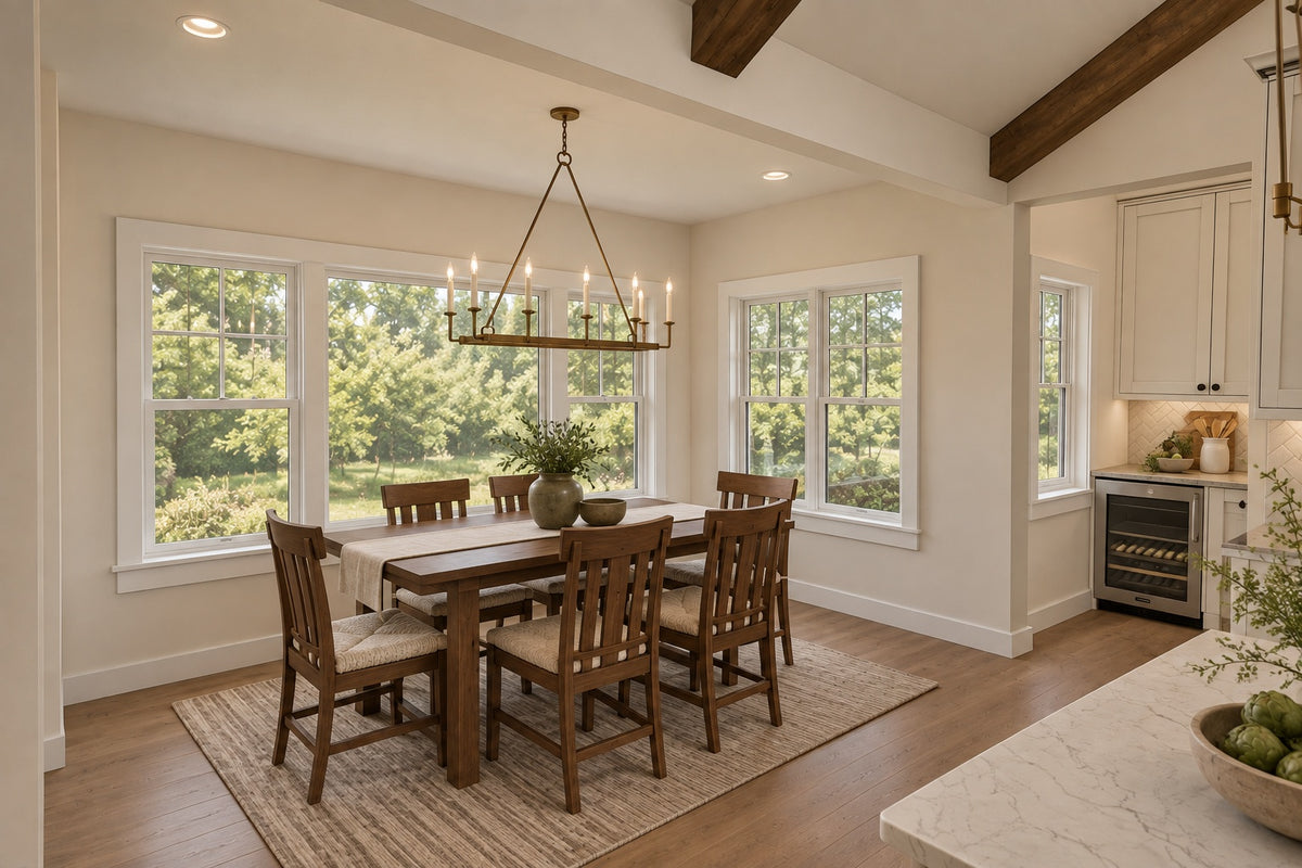 Willow Cove dining room with a rectangular wood table, wood chairs and a candle-style chandelier beside windows on two sides.
