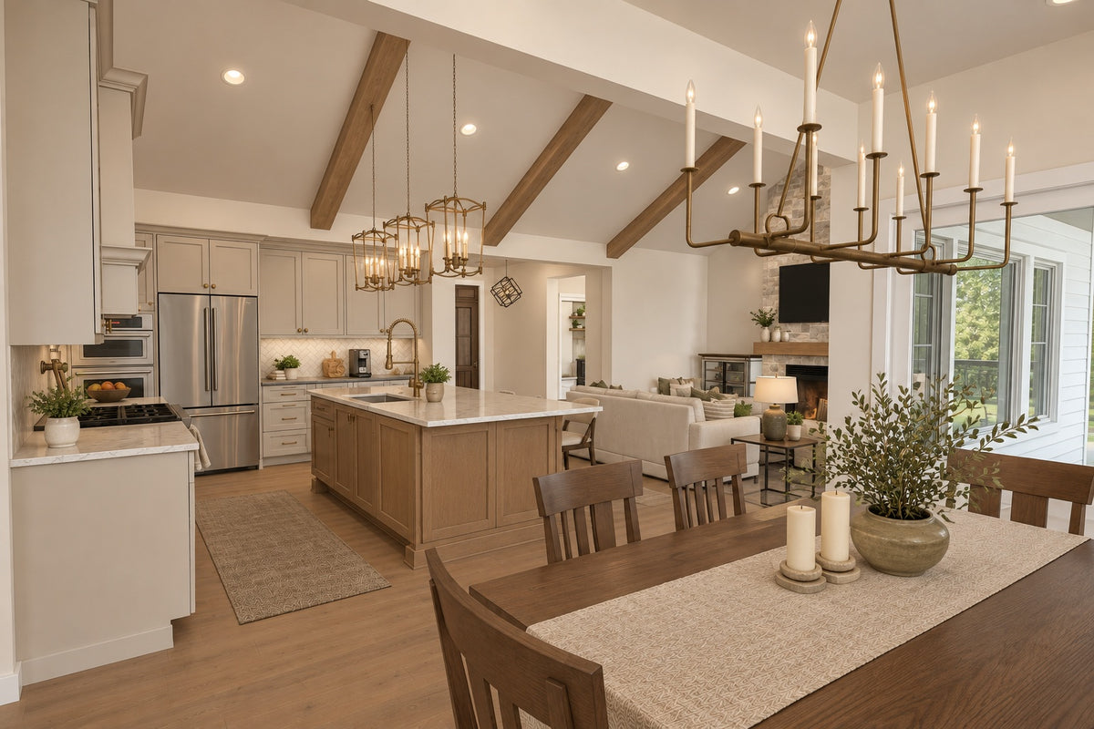 Willow Cove dining room looking across the wood table toward the wood kitchen island and great room fireplace beneath exposed beams.
