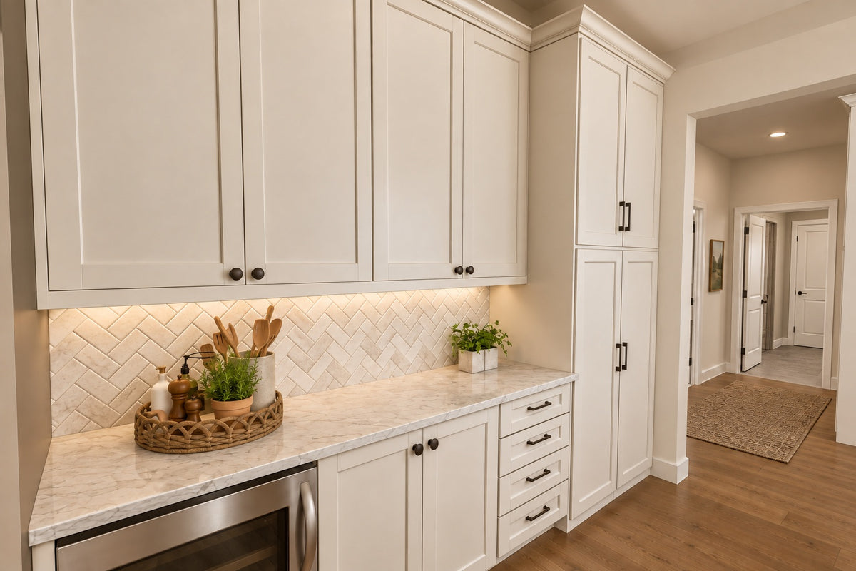 Willow Cove prep kitchen with light cabinetry, a herringbone backsplash, countertop storage and an open doorway to the hallway.
