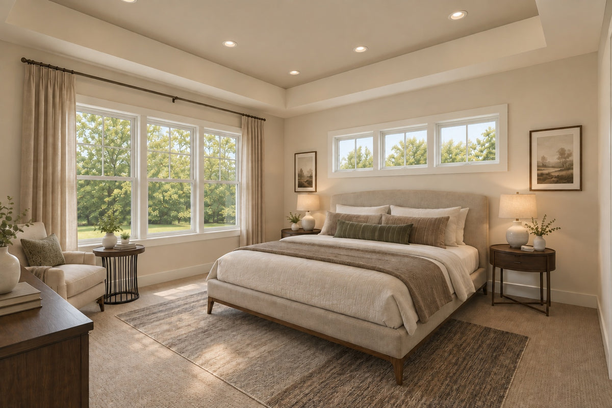 Willow Cove primary bedroom with neutral bedding, an upholstered bed, a tray ceiling and large windows overlooking leafy trees.