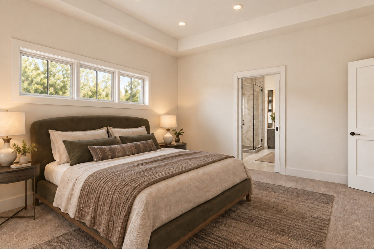 Willow Cove primary bedroom with neutral bedding and high windows above the bed, looking toward the adjoining bathroom.