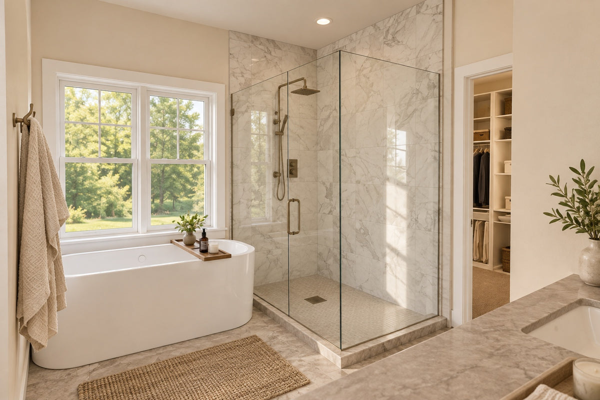 Willow Cove primary bathroom with a freestanding tub beneath a large window, a glass shower and an adjoining storage area.