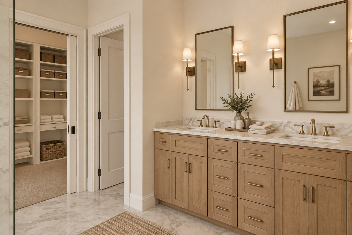 Willow Cove primary bathroom with a wood double vanity, framed mirrors, wall sconces and open shelving in the adjoining storage area.
