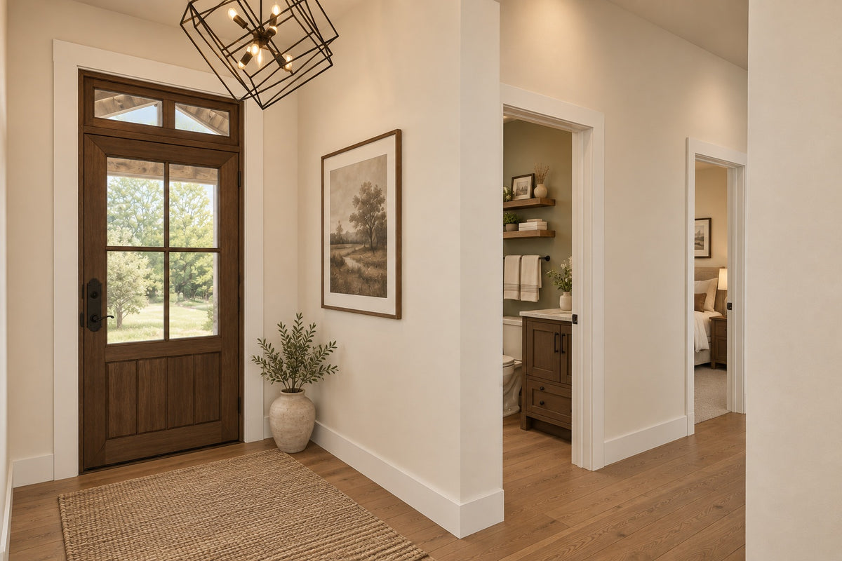 Willow Cove foyer with a wood-and-glass front door, geometric pendant and views into the powder room and bedroom hallway.