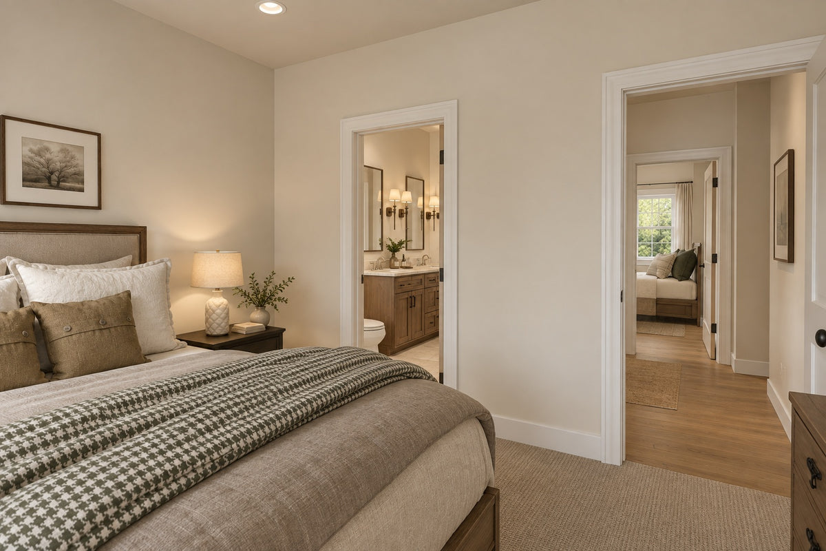 Willow Cove front bedroom with neutral bedding and a green checked throw, looking toward the shared bathroom and hallway.