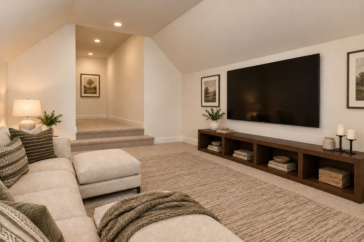 Willow Cove bonus room with a sectional sofa facing the television and wood media console, beside steps to the entry landing.