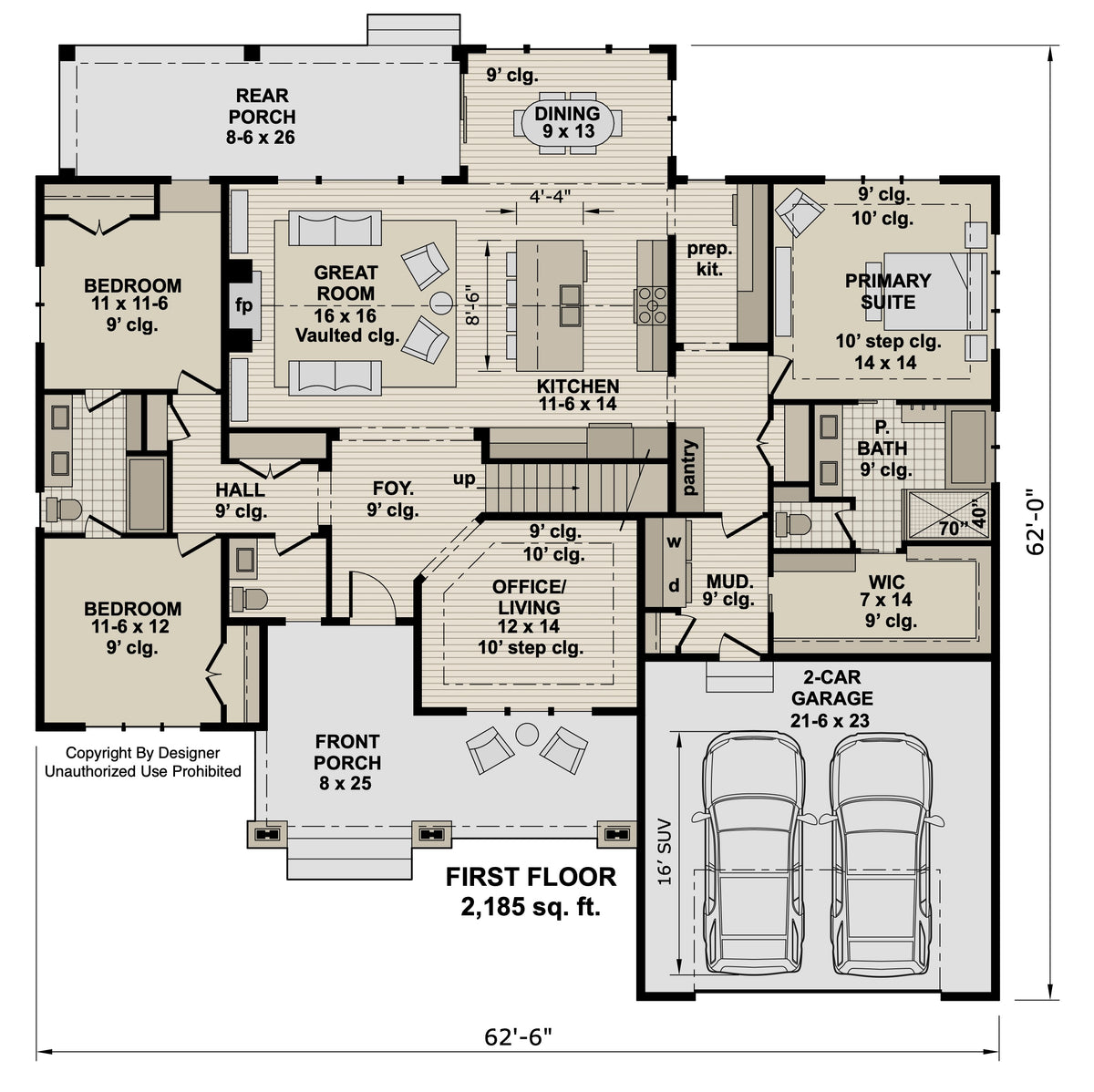 Oak Haven main-level floor plan, CL-27-001-1C, showing three bedrooms, an open great room and kitchen, an office and a two-car garage.
