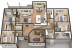 Oak Haven 3D main-level floor plan showing the open kitchen and great room, split bedroom layout, home office and primary suite.