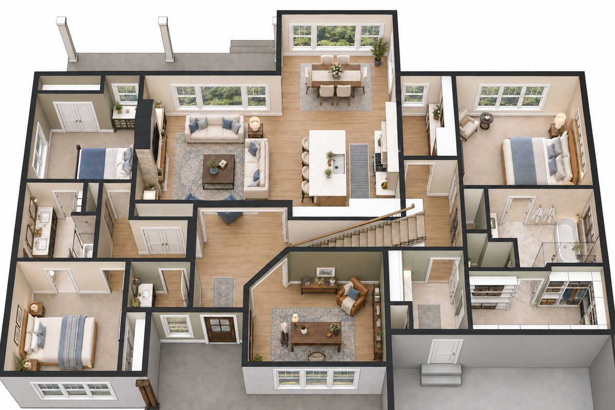 Oak Haven 3D main-level floor plan showing the open kitchen and great room, split bedroom layout, home office and primary suite.