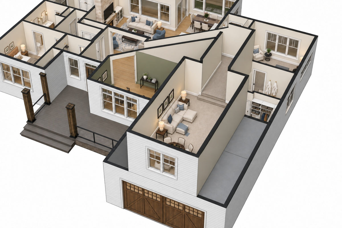 Oak Haven 3D cutaway showing a furnished bonus room above the garage and its relationship to the main level.