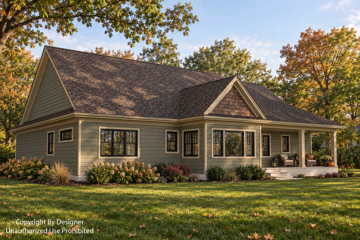 Angled rear exterior of Oak Haven with sage-green siding, a shingle-accented dining-room gable and a covered porch in autumn.