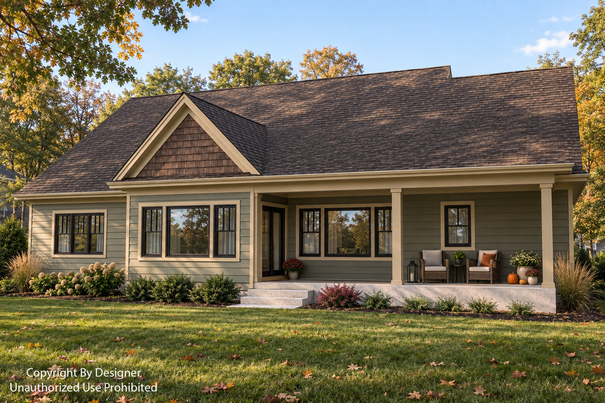 Rear exterior of Oak Haven showing black-framed windows, a covered porch with seating and steps leading to the autumn lawn.
