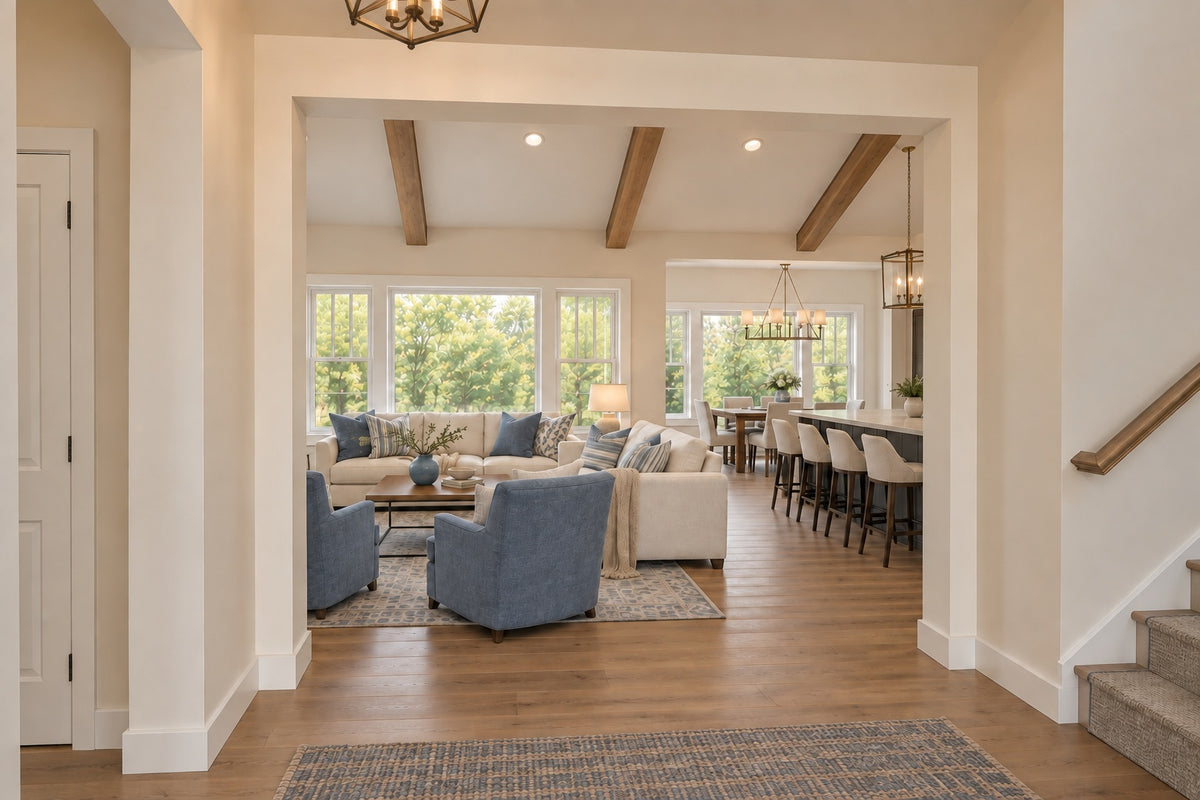Oak Haven foyer opening to the great room and kitchen, with exposed wood beams and a staircase on the right.
