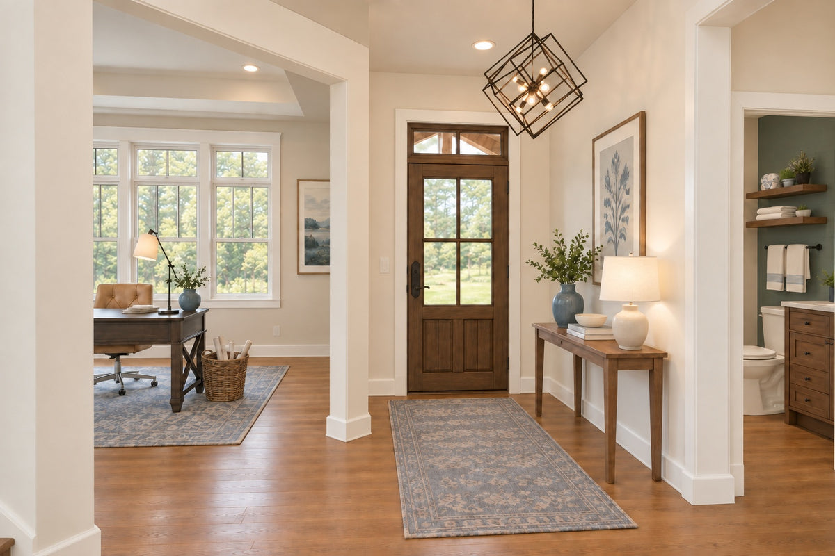 Oak Haven foyer with a wood-and-glass front door, geometric pendant light and an open doorway to the home office.