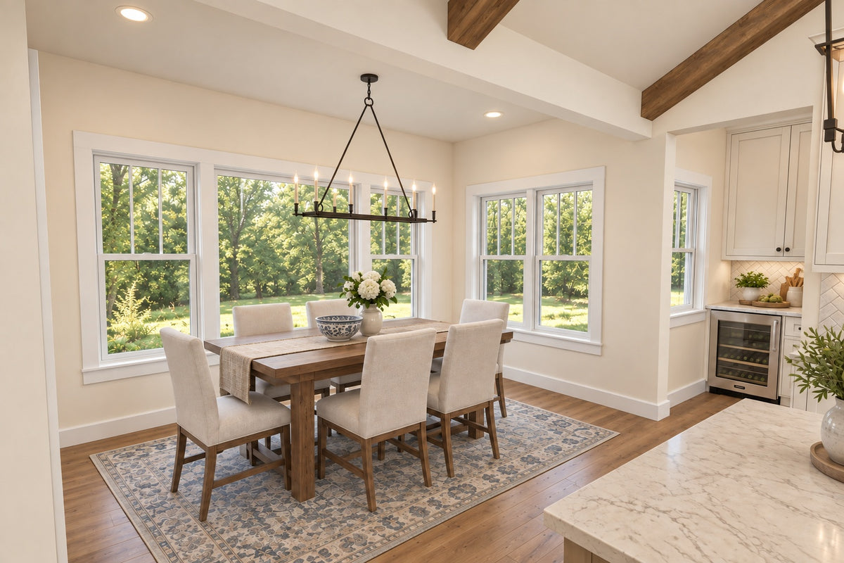 Oak Haven dining room with a rectangular wood table, cream upholstered chairs and a candle-style chandelier beside large windows.