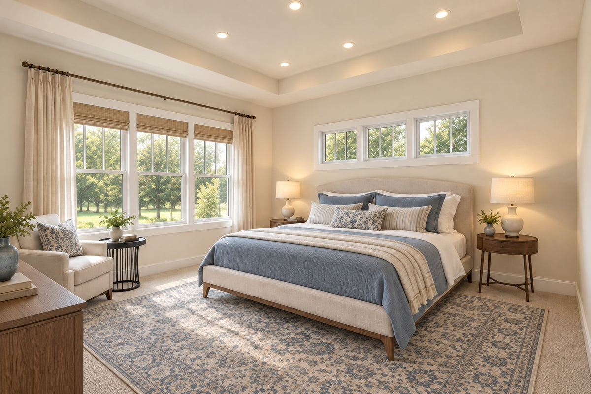 Oak Haven primary bedroom with blue bedding, an upholstered bed, a tray ceiling and large windows overlooking leafy trees.