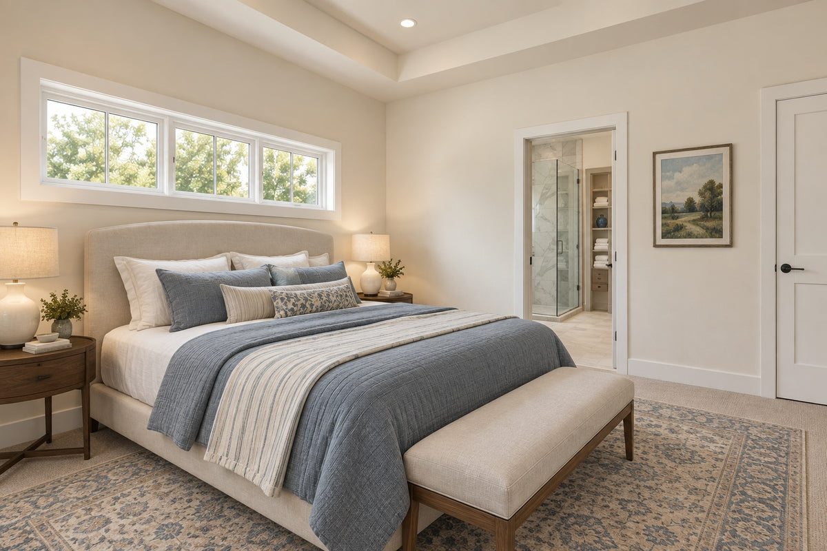 Oak Haven primary bedroom with blue bedding, a bench at the foot of the bed and an open doorway to the adjoining bathroom.