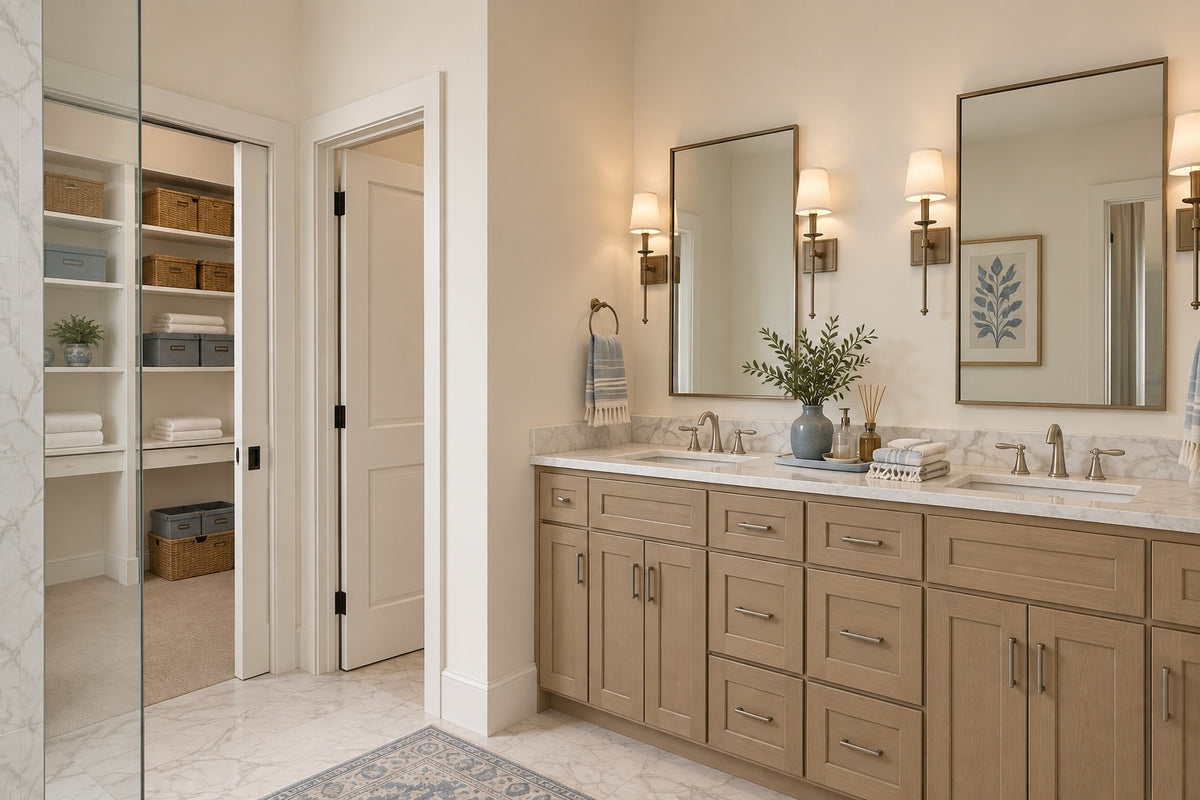 Oak Haven primary bathroom with a wood double vanity, framed mirrors, wall sconces and open shelving in the adjoining storage area.