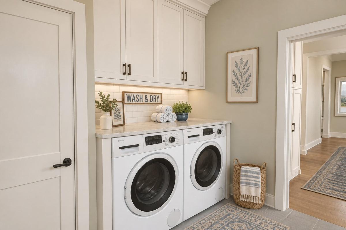 Oak Haven laundry area with a front-loading washer and dryer, white upper cabinets, a folding counter and a doorway to the hall.