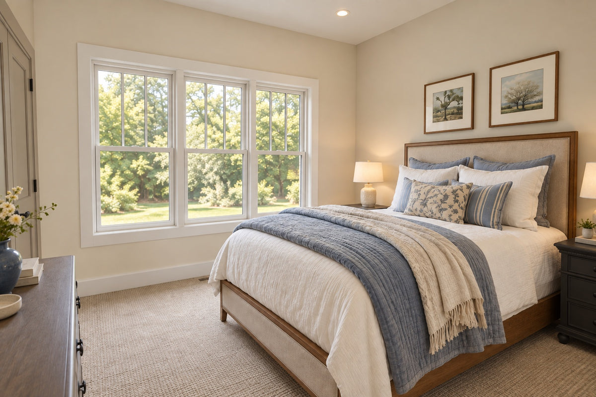 Oak Haven front bedroom with a wood bed, blue and cream bedding and a large window overlooking leafy trees.