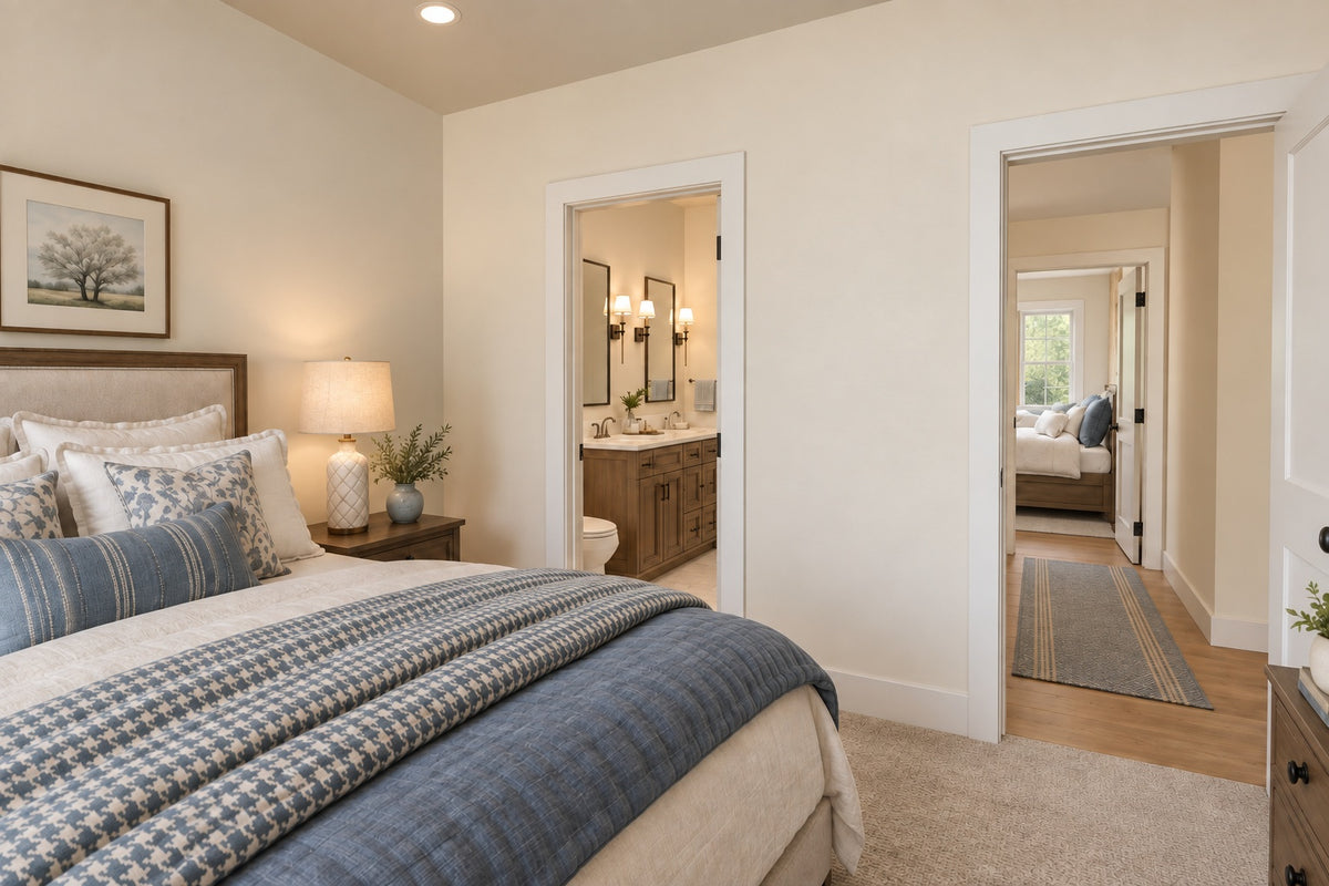 Oak Haven front bedroom with blue bedding and a checked throw, looking toward the shared bathroom and hallway.