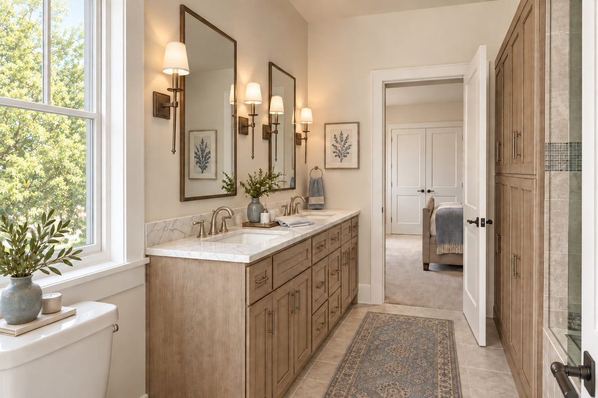 Oak Haven Jack and Jill bathroom with a wood double vanity, two mirrors, wall sconces and a large window.