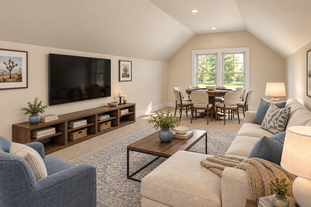 Oak Haven bonus room with a cream sectional, blue armchair, wall-mounted television and a game table beneath the far window.