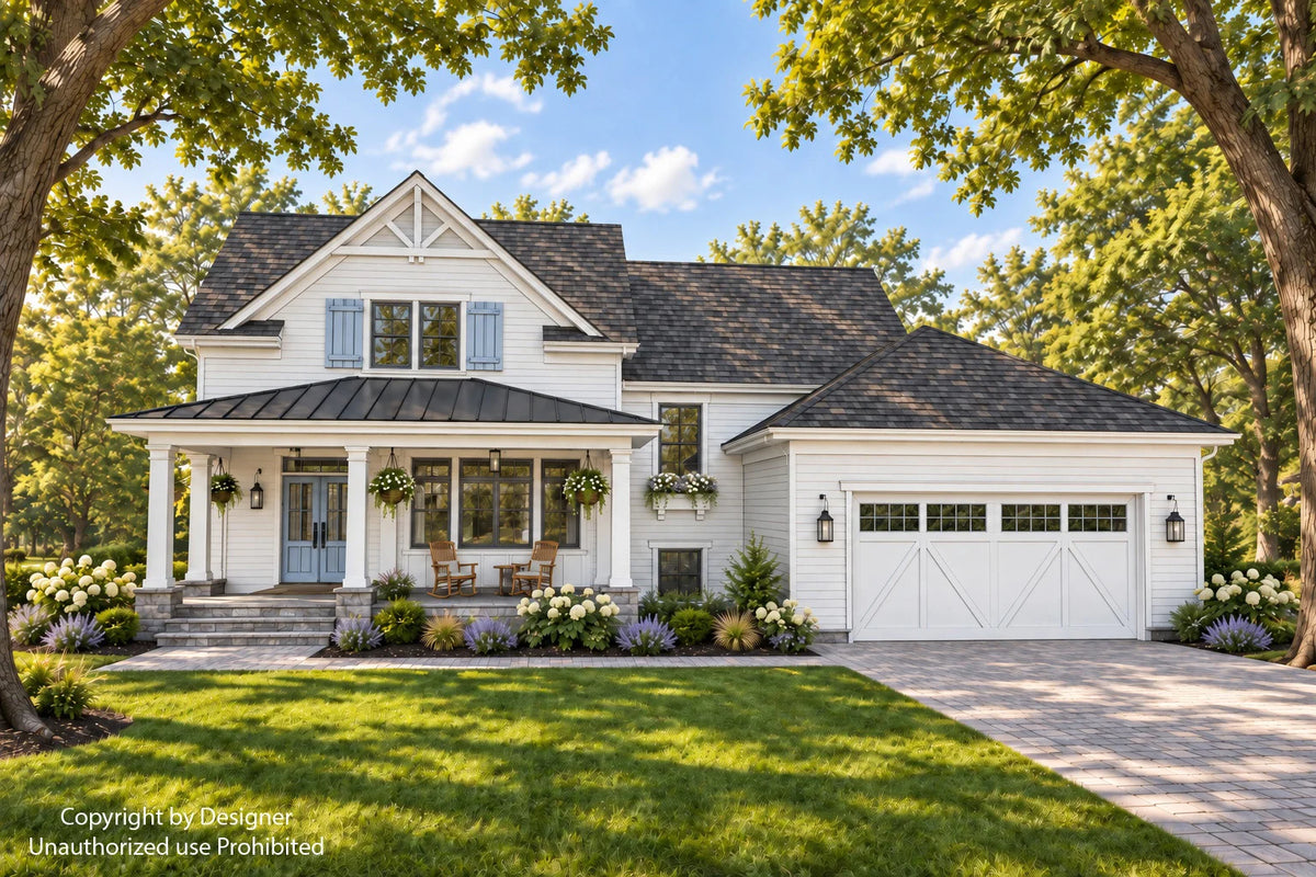 Farmhouse front exterior with white siding, blue shutters, a covered porch and a two-car garage.