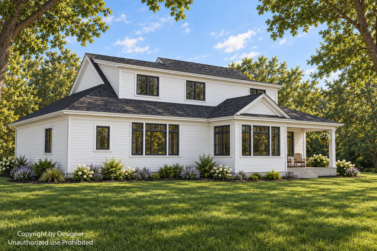 Angled rear view with white siding, broad windows and a covered rear porch.
