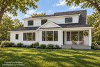 Rear elevation with a central dining-room gable and a covered porch overlooking the lawn.