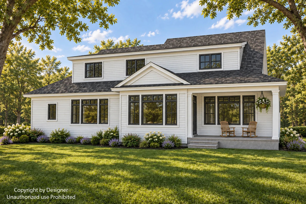 Rear elevation with a central dining-room gable and a covered porch overlooking the lawn.