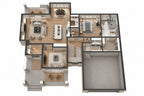 Furnished 3D main-level plan showing the open living area, primary suite, office and garage.
