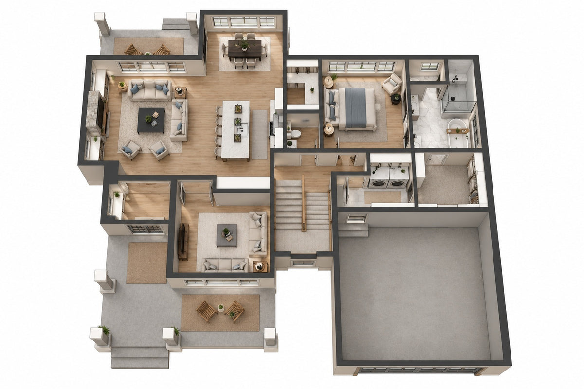 Furnished 3D main-level plan showing the open living area, primary suite, office and garage.