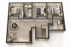 Furnished 3D upper-level plan showing three bedrooms, two bathrooms and a spacious loft.