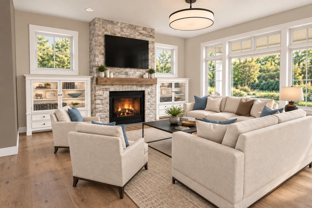 Great room with a stone fireplace, white built-ins and seating beside tall windows.