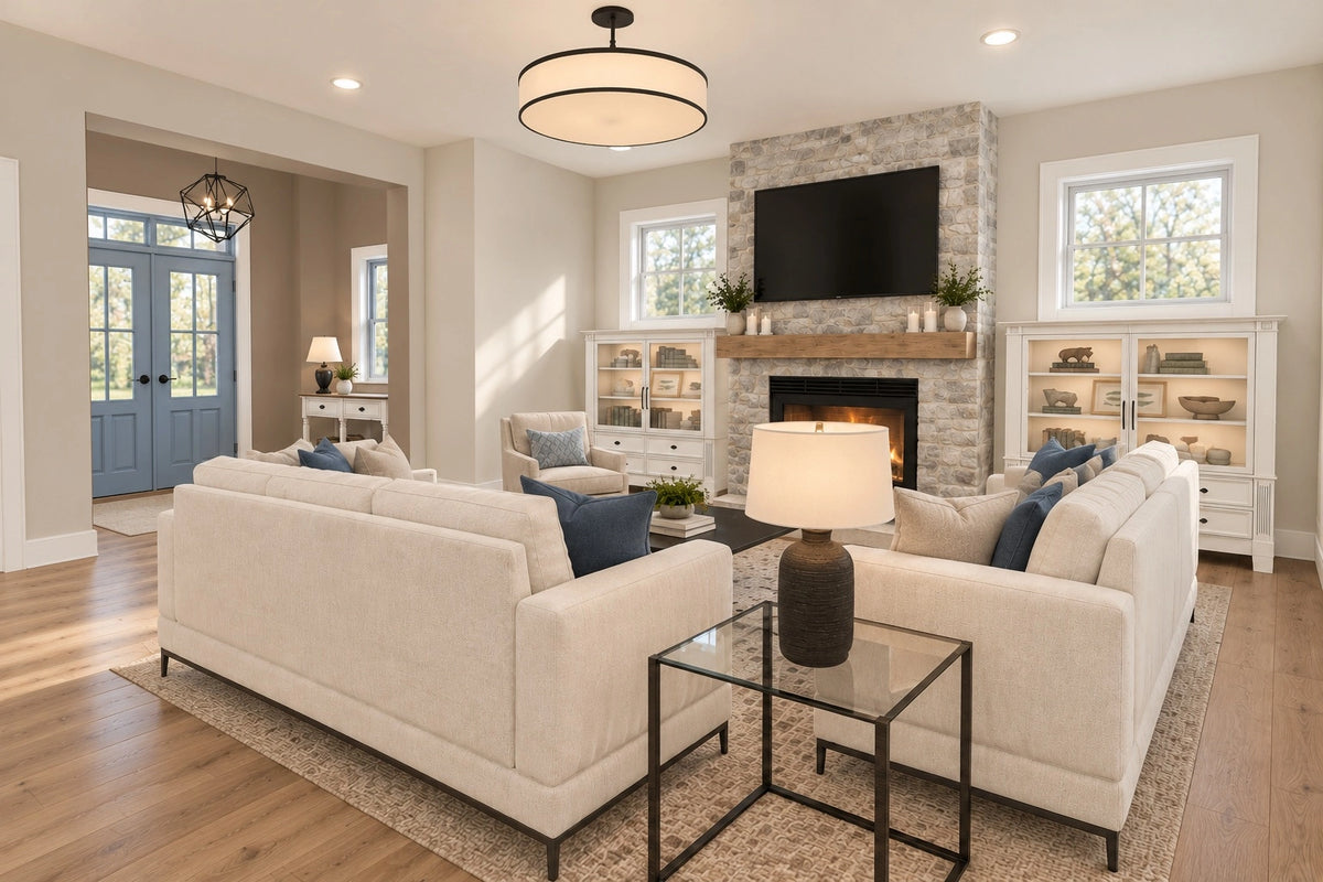 Great room seating facing the fireplace with the blue front door visible through the foyer.