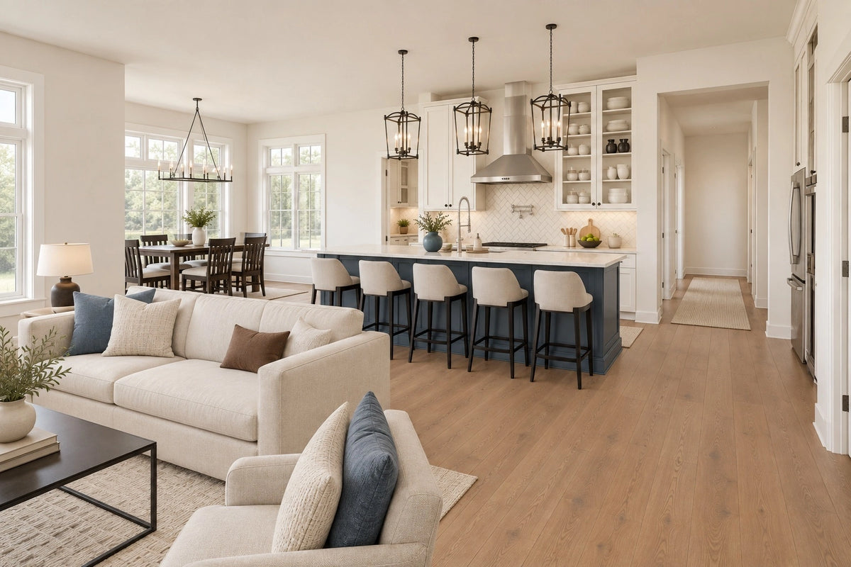 View from the great room toward the blue kitchen island and adjoining dining area.