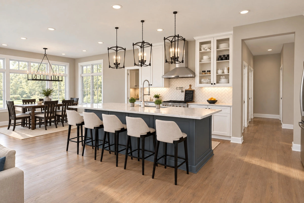 Kitchen with a blue island, four stools, white cabinetry and black pendant lights.