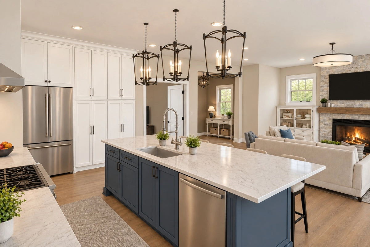 Kitchen island with a sink and dishwasher overlooking the great room fireplace.