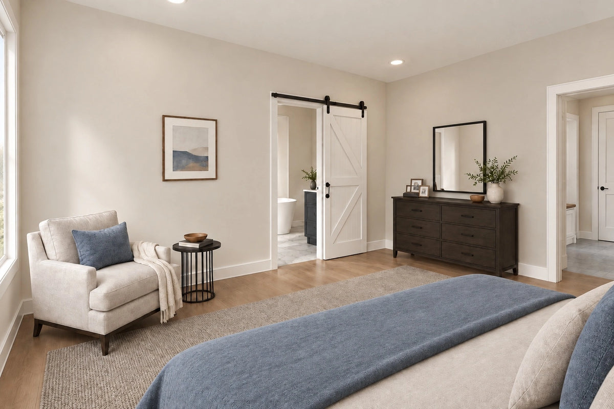 Primary bedroom with a reading chair, dark wood dresser and views toward the bathroom and hall.