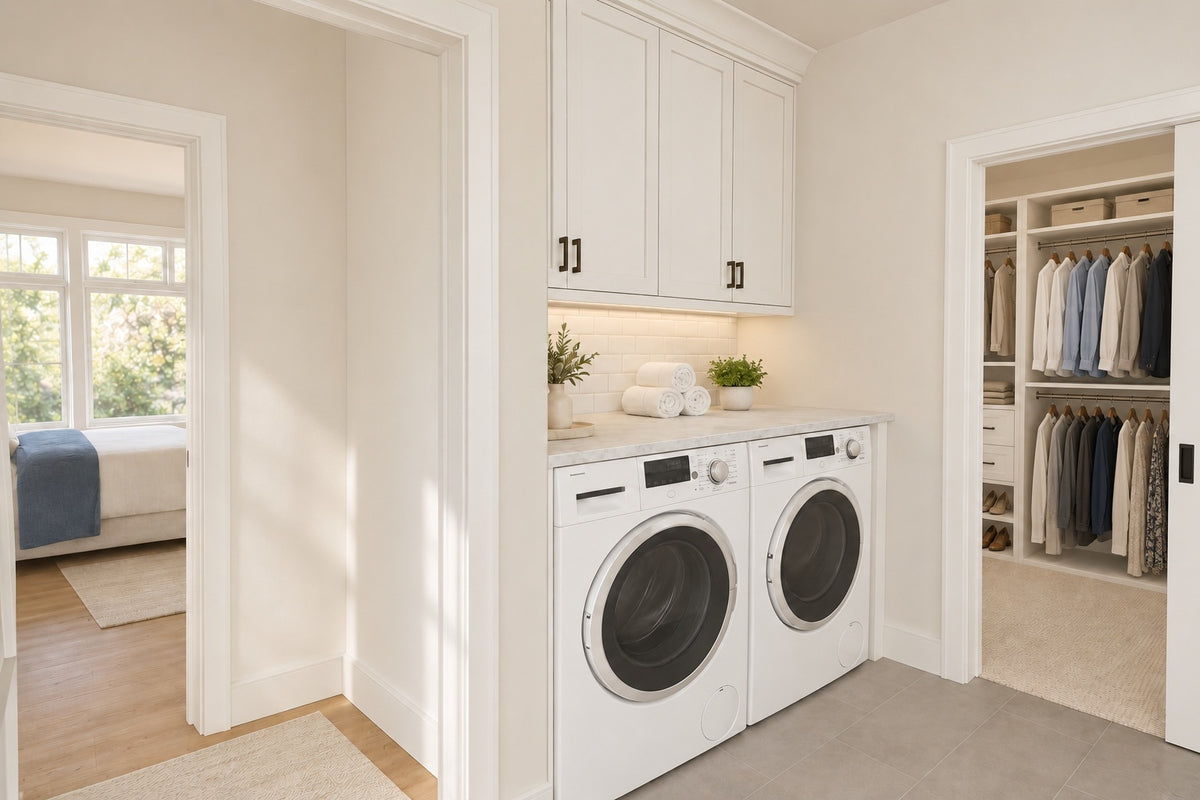 Main-level laundry with white cabinets and access to the primary bedroom and walk-in closet.