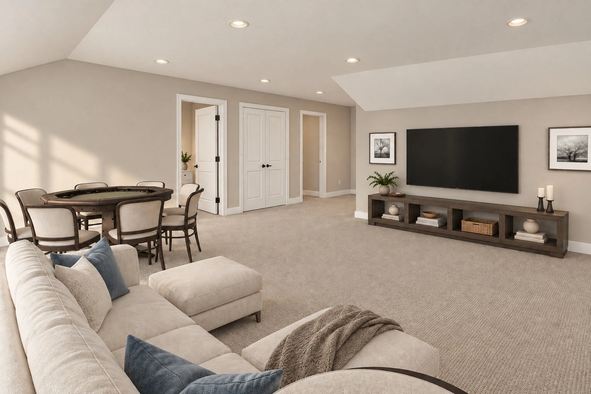 Upper-level loft with a sectional sofa, television and game table near the bedroom doors.