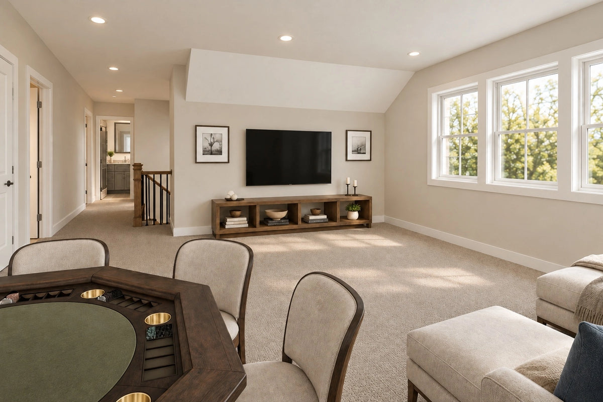 Loft viewed from the game table toward the television, windows and upstairs hallway.