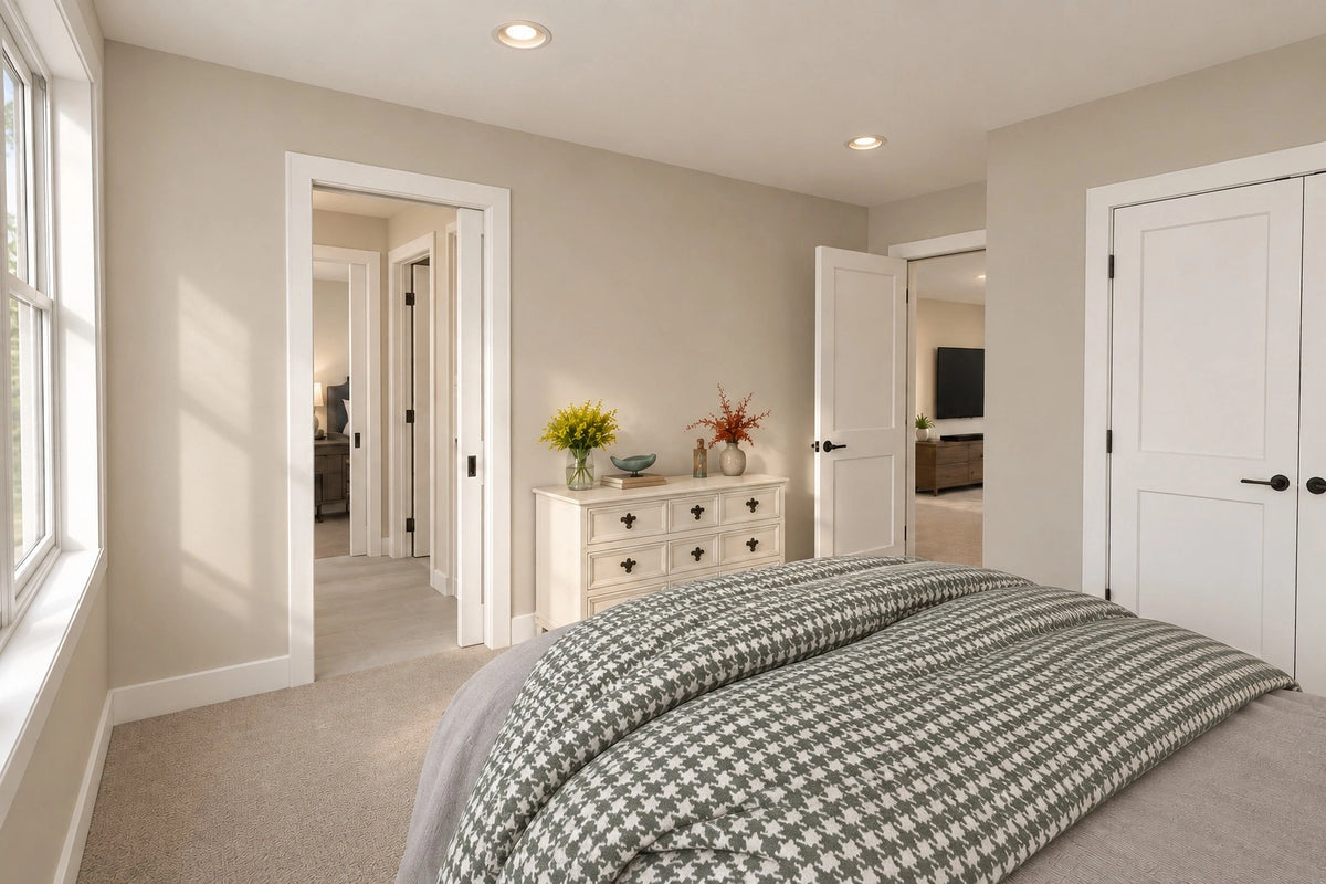 Upstairs bedroom with patterned bedding, a dresser and access to the shared bathroom.