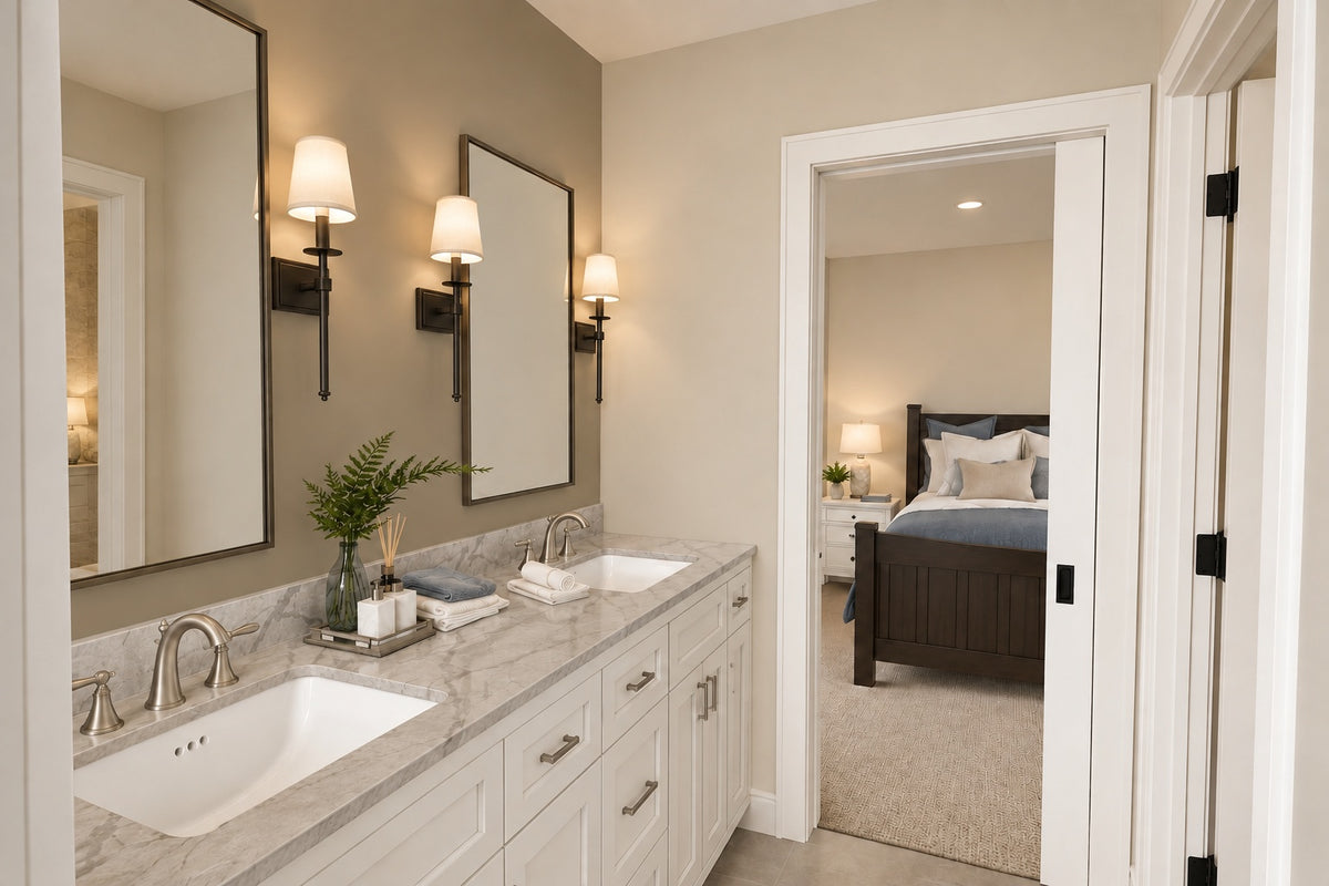 Jack and Jill bathroom with a white double vanity and a doorway to an upstairs bedroom.